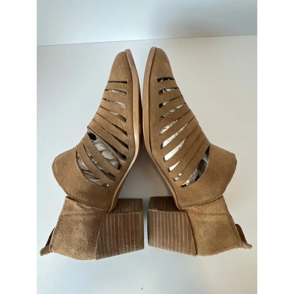 1.STATE Size 7.5 Arnet Tan Suede Strappy Laser Cutout Block Heel Booties